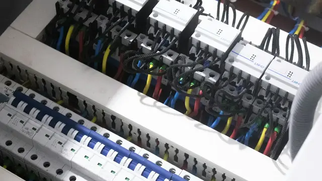 Otwarta rozdzielnica z rzędem wyłączników nadprądowych i uporządkowanymi przewodami